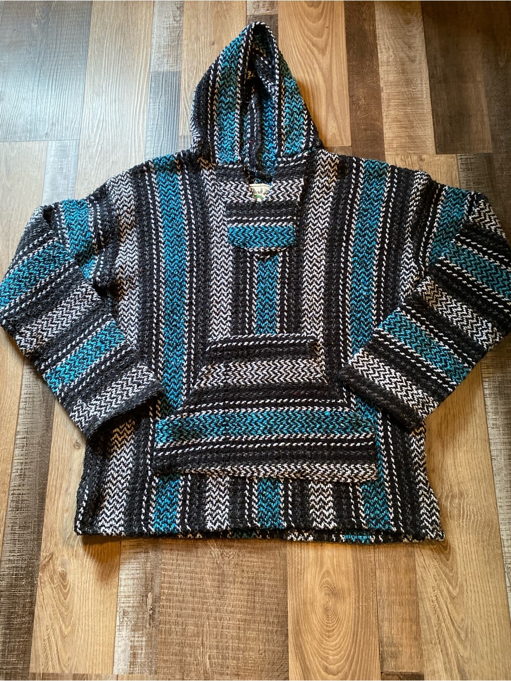 Striped Hooded Baja Pullover - Teal, Black & White